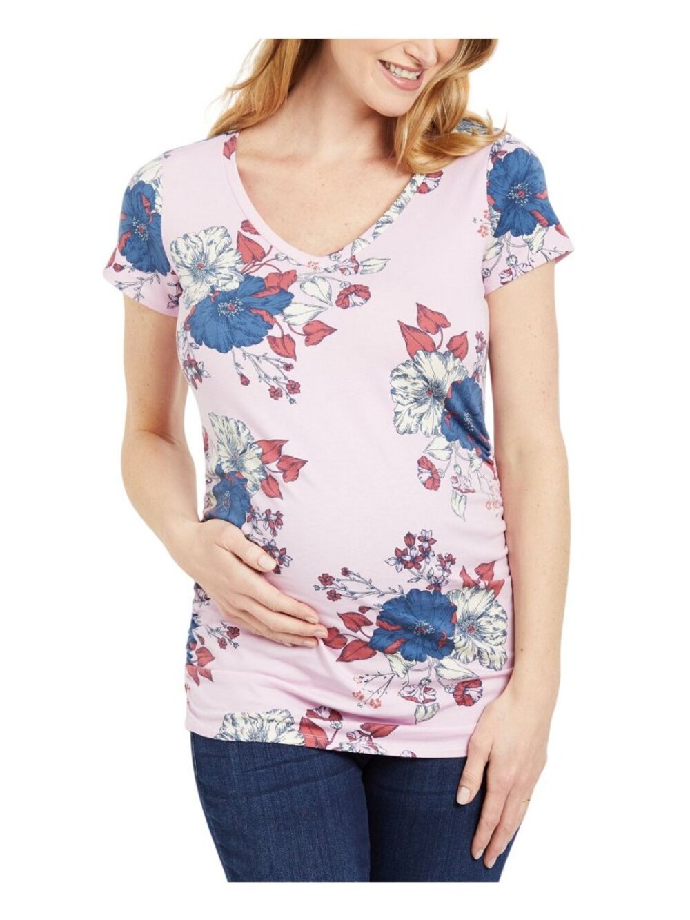 NWT Motherhood Maternity Side-Ruched Maternity Tee, Short Sleeve Pink Multi S